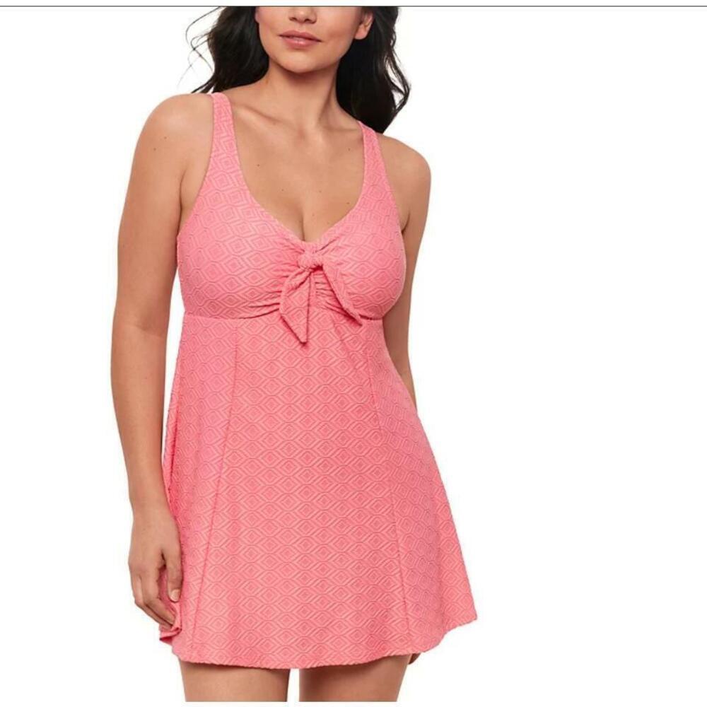 Swim Solutions Women's Pink Textured Tie-Front Swimdress 8 - Picture 1 of 1